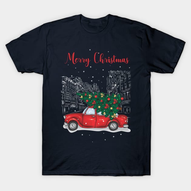 Christmas tree and gifts in a red car! - Happy Christmas and a happy new year! - Available in stickers, clothing, etc T-Shirt by Crazy Collective